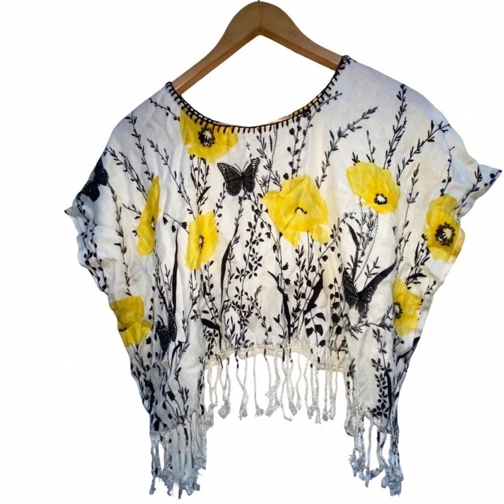 Butterfly Bloom Fringe Poncho - White and Yellow